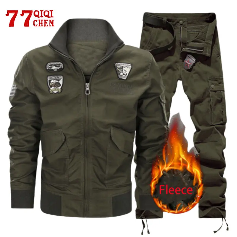

Autumn Winter Mens Sets Embroidery Airplane Pilot Tactical Military Bomber Jacket+Wear-resistant Multi Pocket Cargo Pants Suit