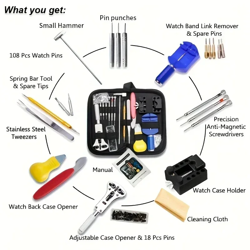 147-Piece Clock Maintenance Hardware Tools Watch Maintenance Open Back Cover Remove Strap Repair Kit