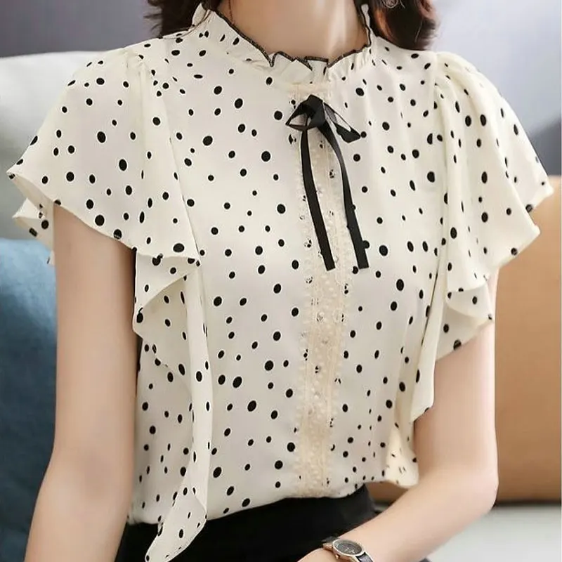 Korean Polka Dot Lace Chiffon Blouse Elegant Stand Collar Ruffles Spliced Women\'s Clothing Stylish Bow Summer Short Sleeve Shirt