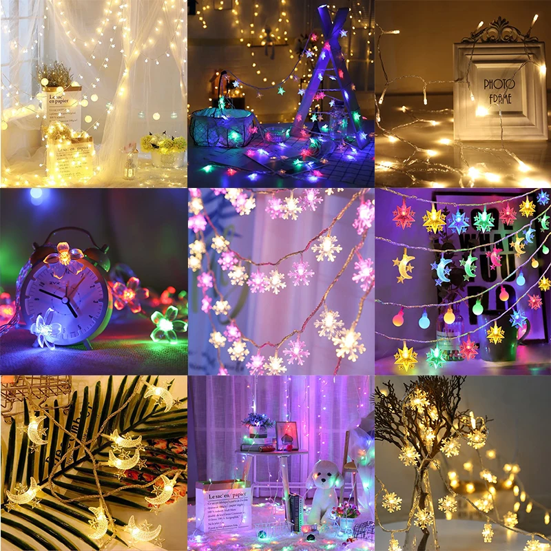 Luzes LED String para decoração de Natal, bola floco de neve, Cherry Moon, festão, rua Garland, iluminação do feriado, ano novo, 20 LEDs