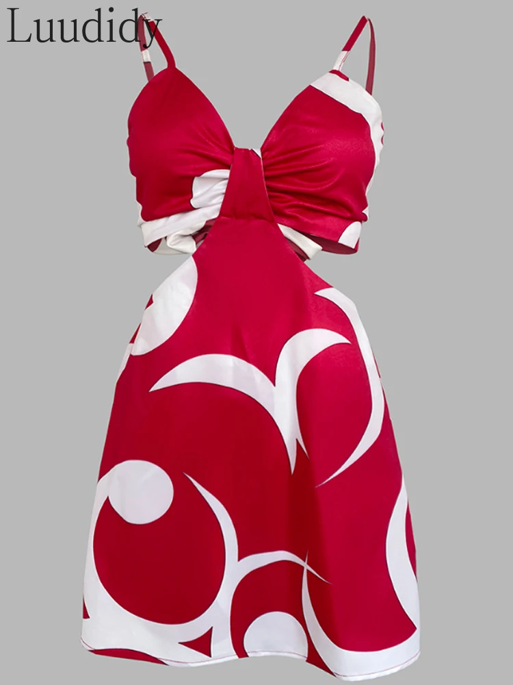 Stampa Bowknot Decor Abito con cinturino per spaghetti Pagliaccetto Tuta casual slim fit scavata