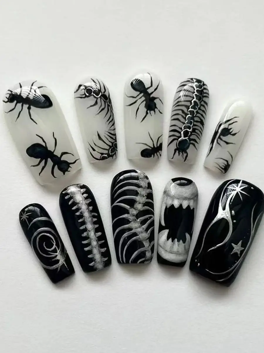 24 pièces gothique Punk faux ongles conseils fourmi noire mille-pattes imprimé tête de cercueil presse sur les ongles portable européen Halloween faux ongles