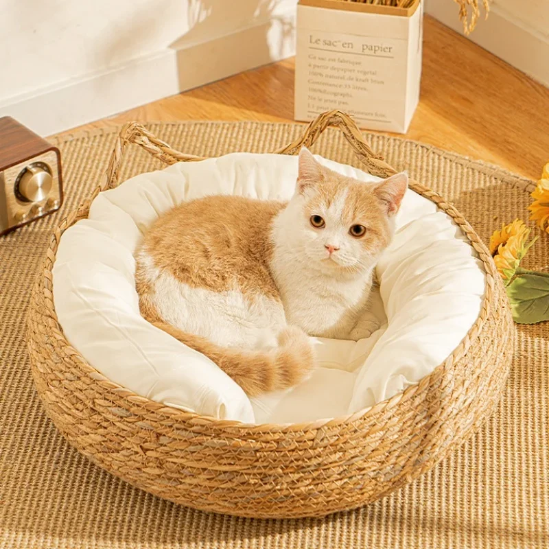 

Woven Cat Bed Pet Nest Four Seasons Cat Bed Removable Upholstery Sleeping House Cat Scratch Floor Rattan Washable Cats Products