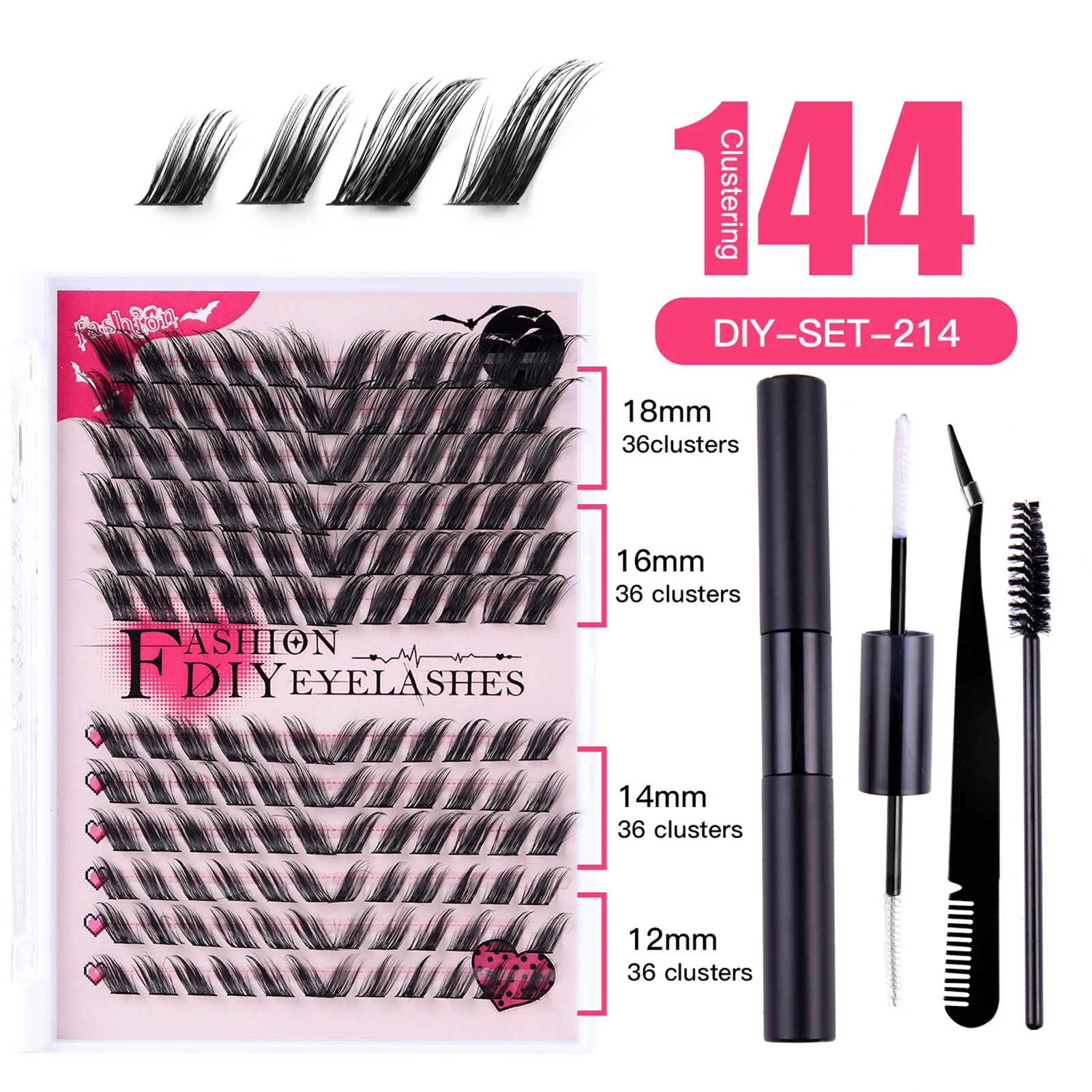 DIY wimper extenstie set gevleugelde Pluizige valse Wimpers Bond en seal Lijm Applicator Kit 12-18mm Individuele Clusters wimpers