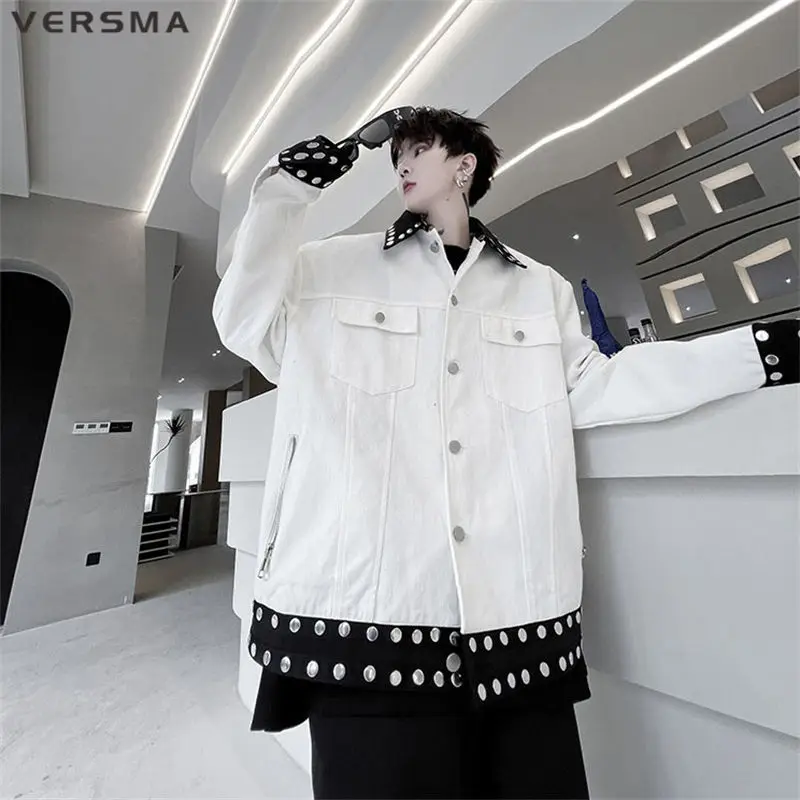 VERSMA Korean Chic Double Zipper Black Oversized Male Coat American Vintage College Style Bomber Jacket With Rivets Dropshipping