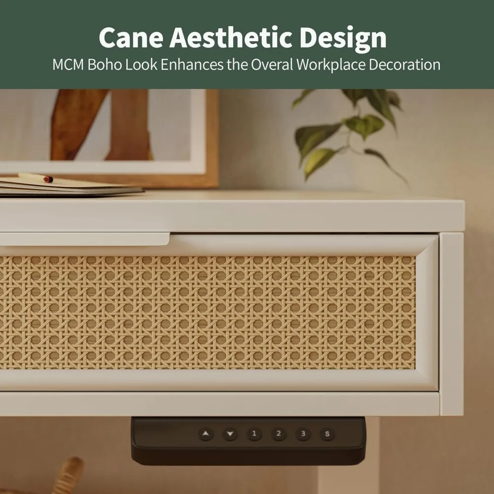 مكتب قائم كهربائي قابل للتعديل بارتفاع طراز بوهو مقاس 55 × 26 بوصة مع 3 أدراج من الروطان، مكتب قائم مع مساحة تخزين كبيرة، #5