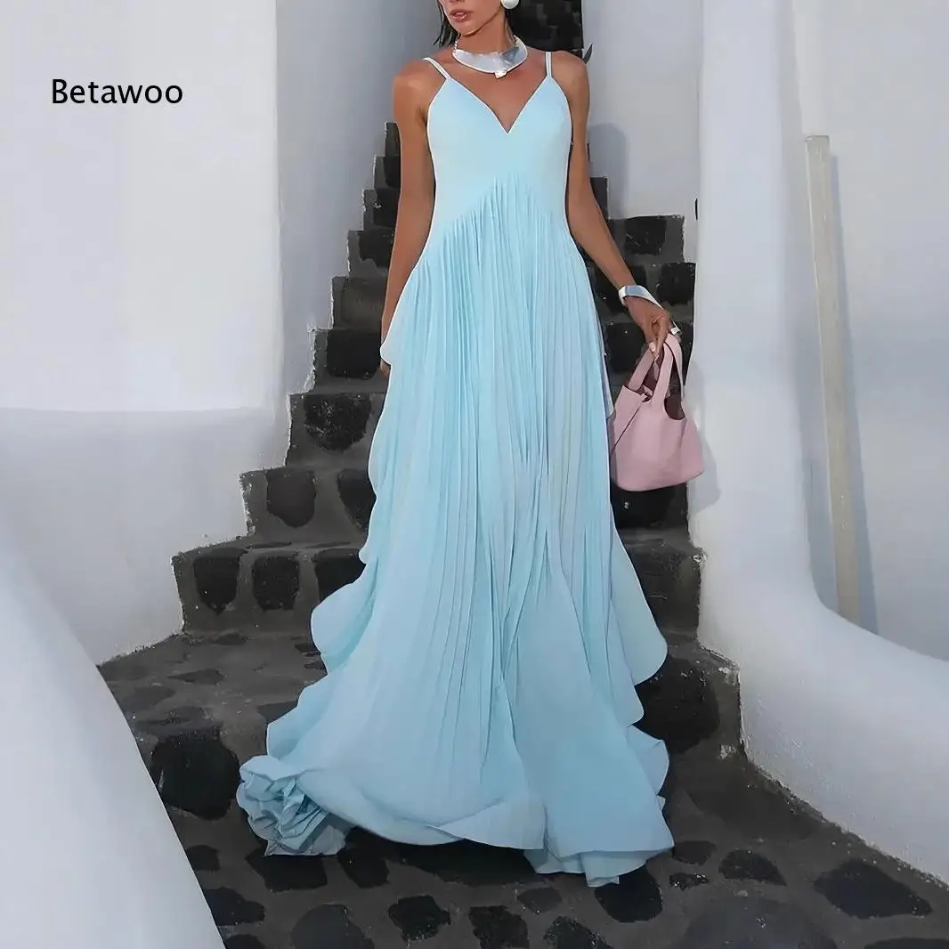 

Airy Chiffon Vertical Pleated Long Dress V Neck Thin Straps Ruffled Floor Skirt For Holiday And Evening Occasion