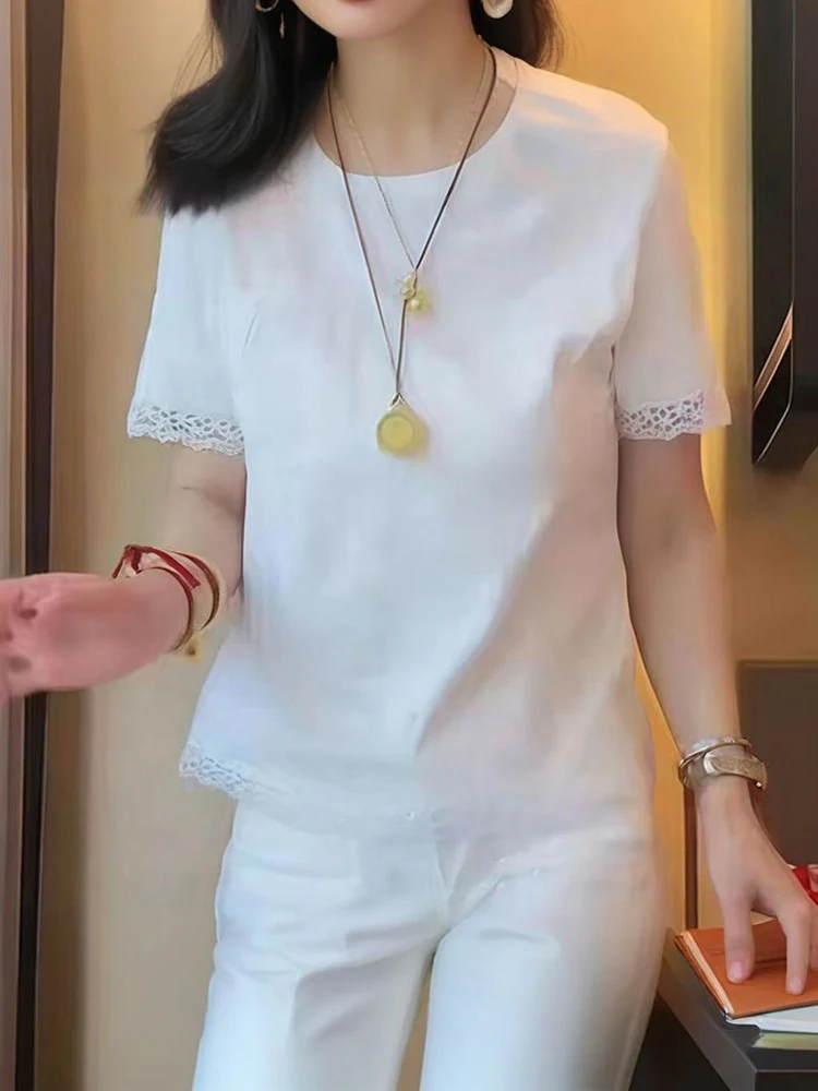 Top Feminino de Verão com Detalhes em Renda e Recortes, Estilo Simples e Versátil, Moda Coreana, Ajuste Solto