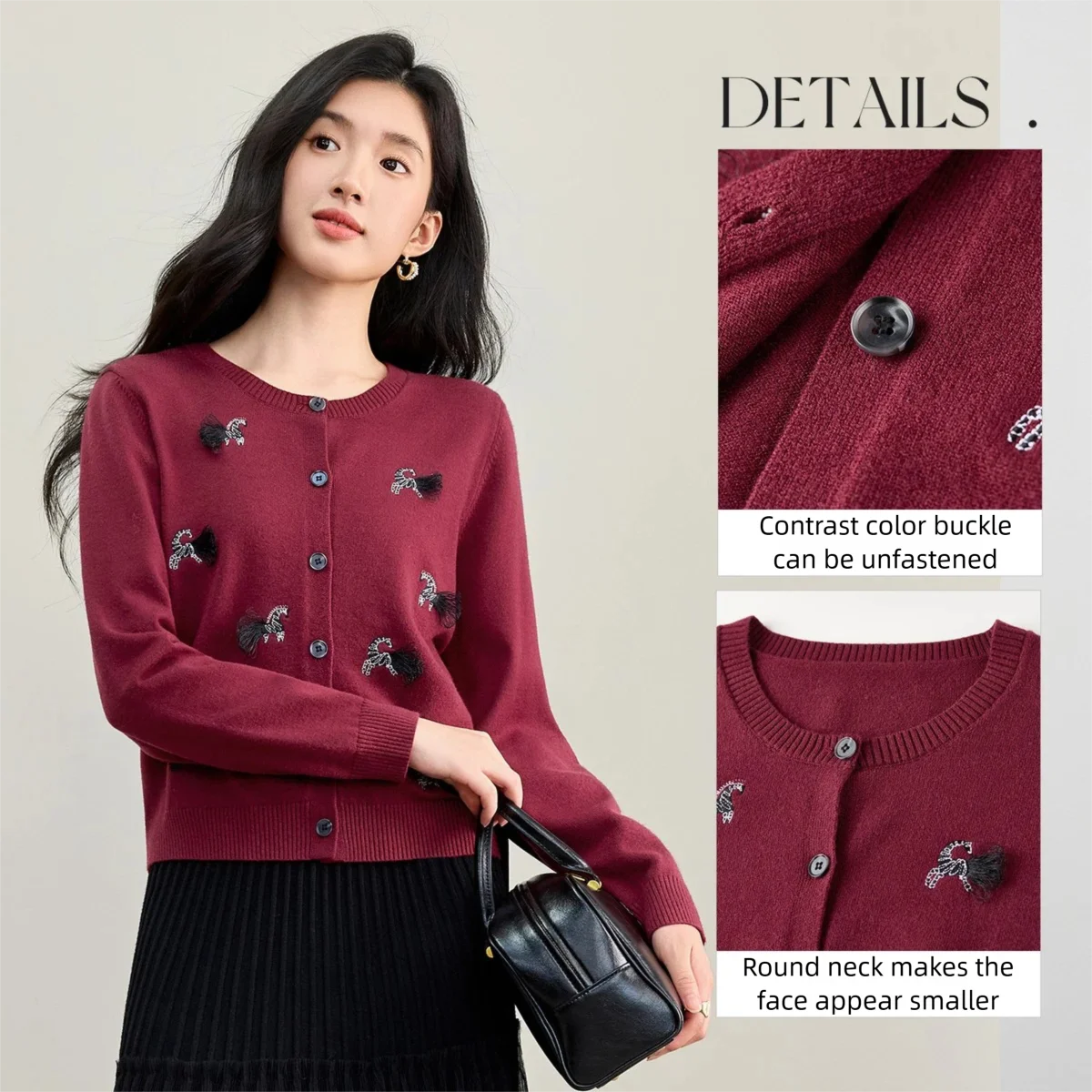 SENTUBILA Women's Lucky Pony Commuter Cardigan 2025 Autumn New Soft O-Neck Single-Breasted Casual Knit Sweater Coat W53EB3516