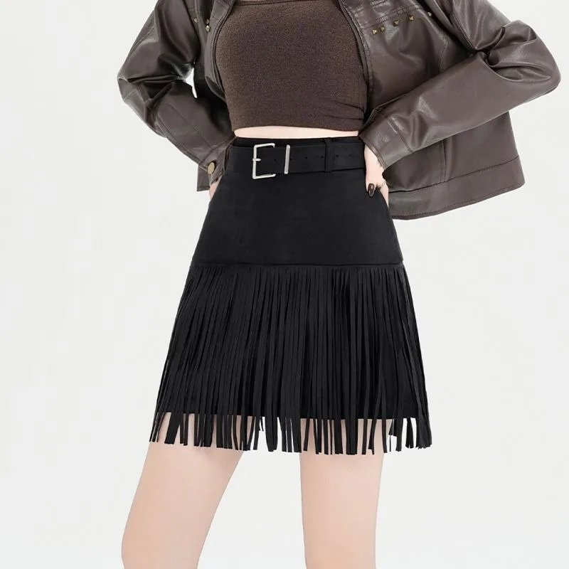 Wildleder Vintage Quaste A-Linie Rock für Herbst und Winter Hohe Taille Abnehmen Hot Girl Maillard Rock Frauen Mode Persönlichkeit