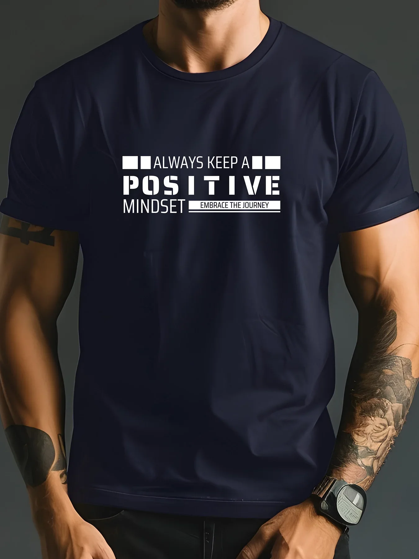 T-shirt manches courtes col rond homme, 100 coton, décontracté, ample, maintient toujours une attitude positive, lettre imprimée