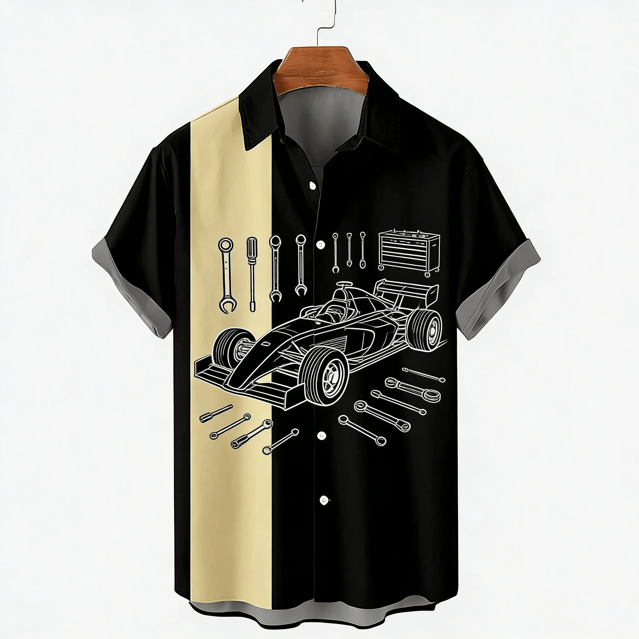 

Men's Racing Car & Tool Print Short Sleeve Shirt, Mechanic Theme Button Down for Spring Summer Casual Streetwear