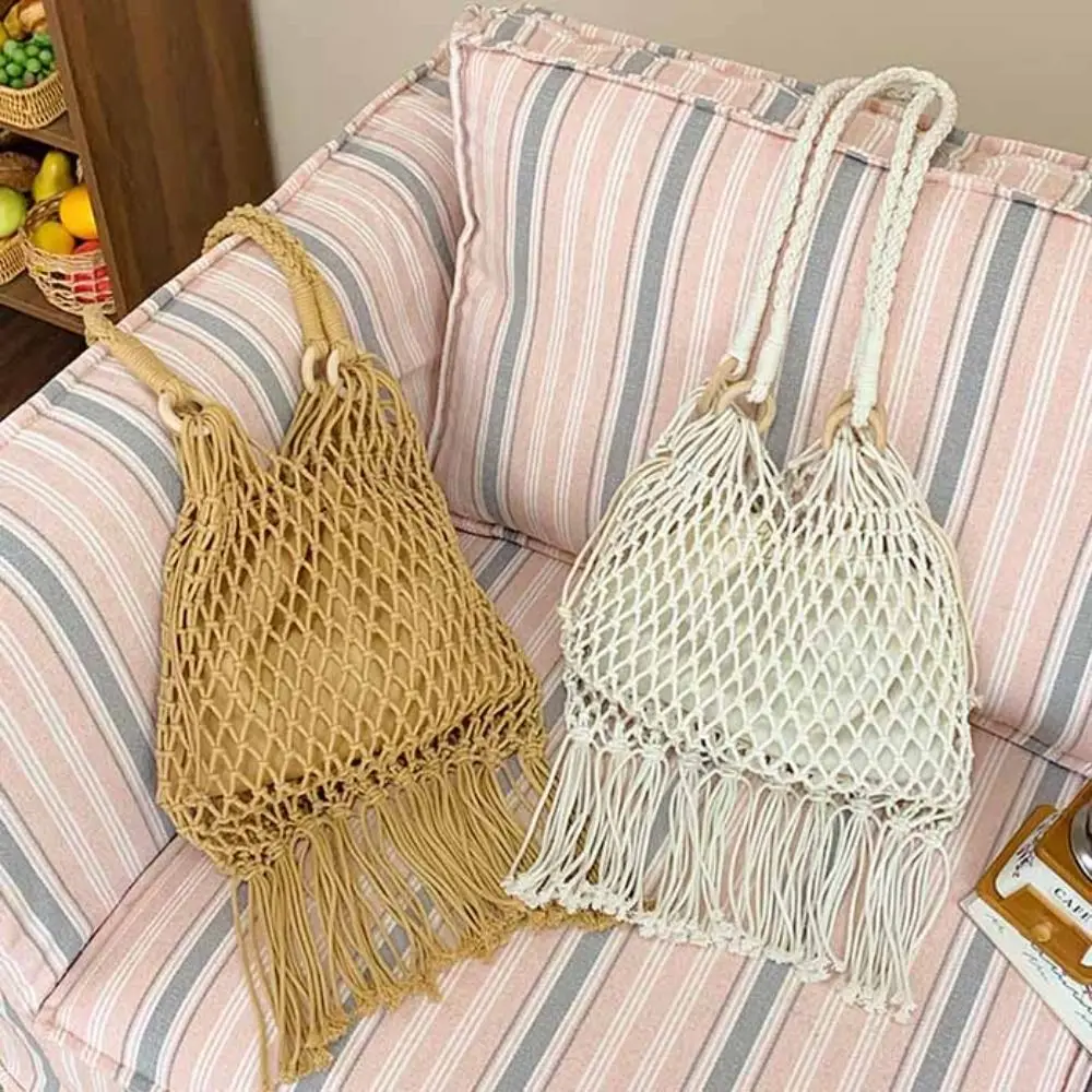 Плетеная сумка из хлопчатобумажной нити, большая сумка, пляжная сумка, пляжная сумка с кисточками, сумка-ведро в богемном стиле, полая сумка на плечо