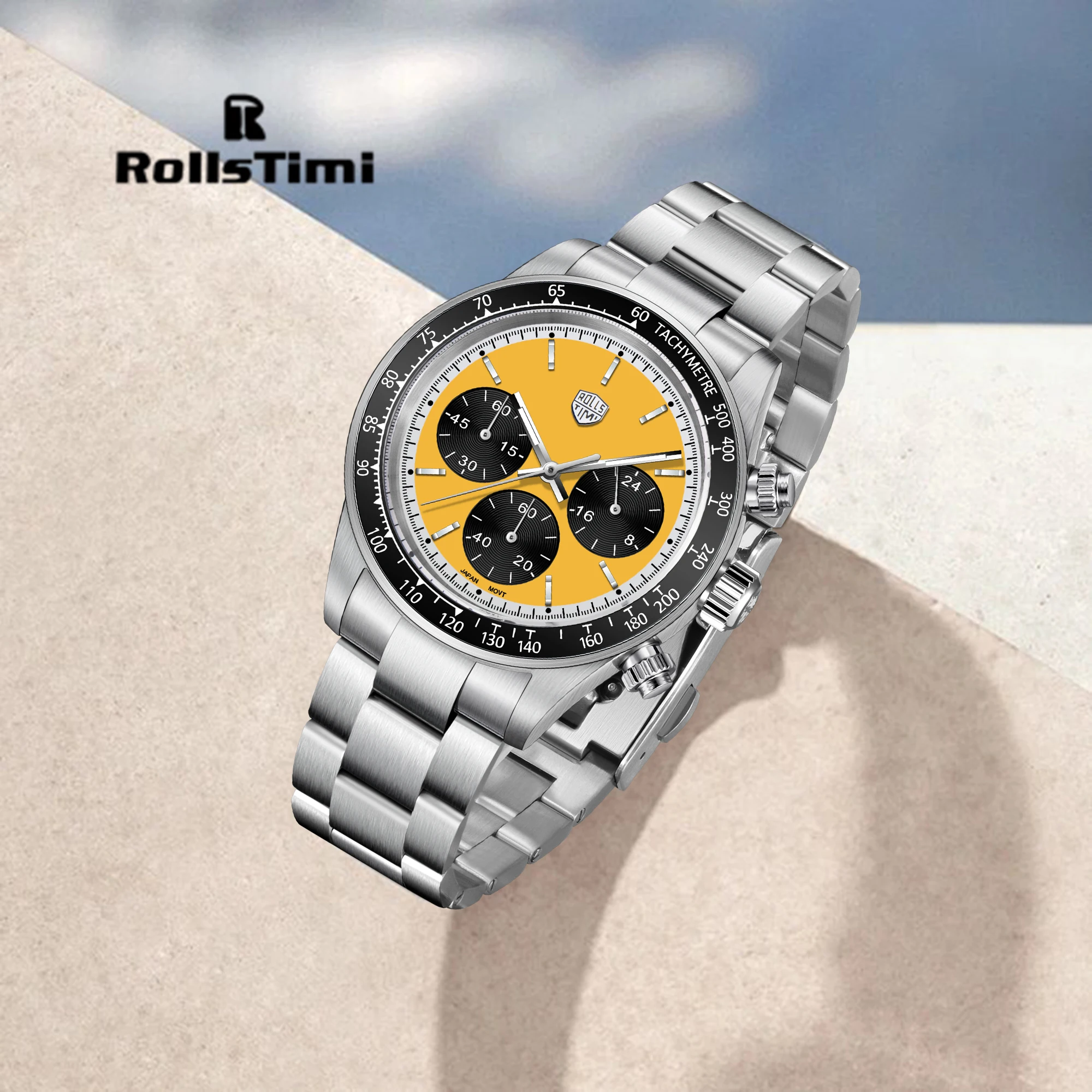 Reloj de cuarzo ROSSITIMI Urban Premium para hombre, Reloj deportivo de lujo ligero de acero inoxidable VK63 con taquímetro luminoso, Reloj luminoso de buceo de 100m