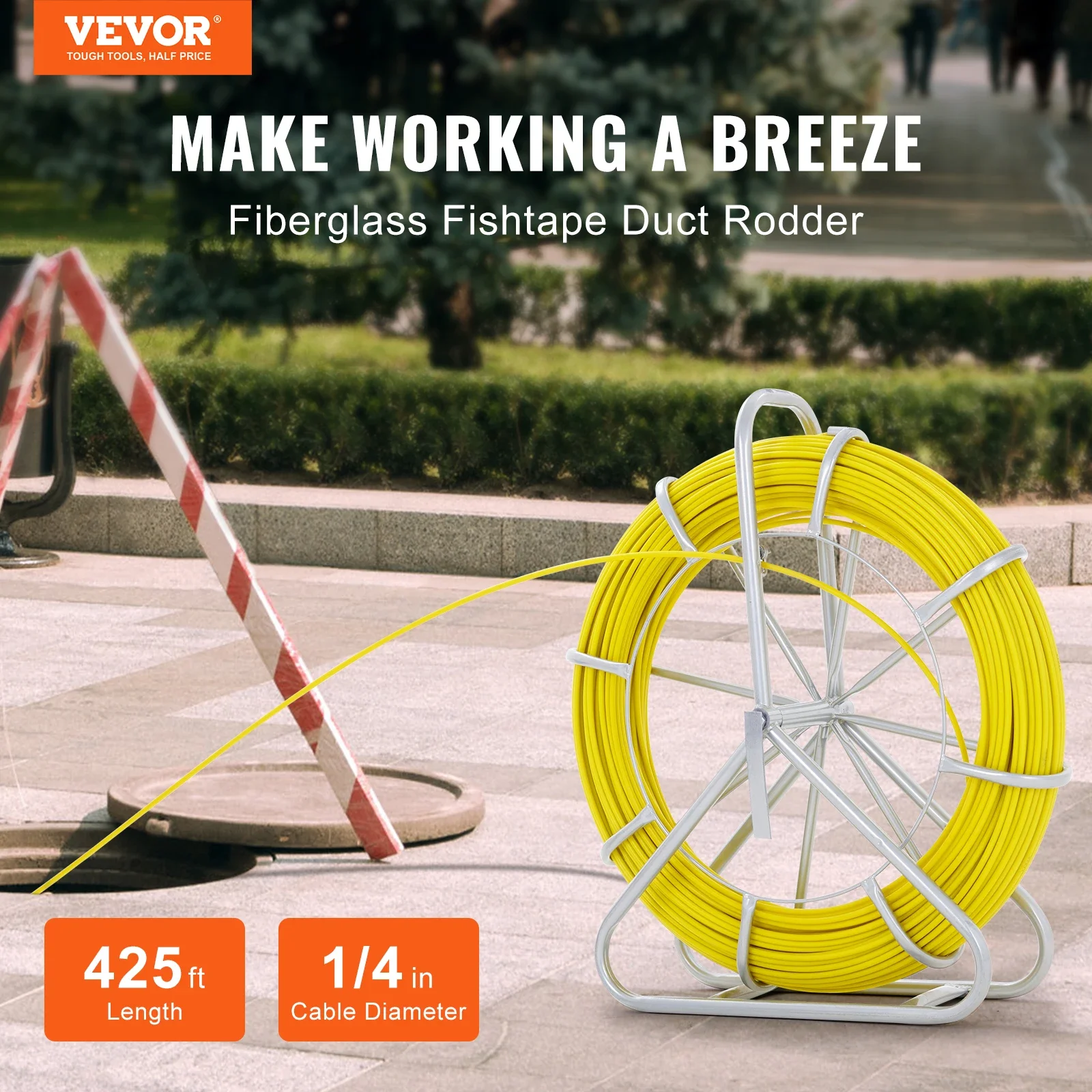 SucceBuy Fish Tape Fiberglass 425 ft 1/4 inch Wire Puller with Steel Reel Stand for Walls and Electrical Conduit, Non-Conductive