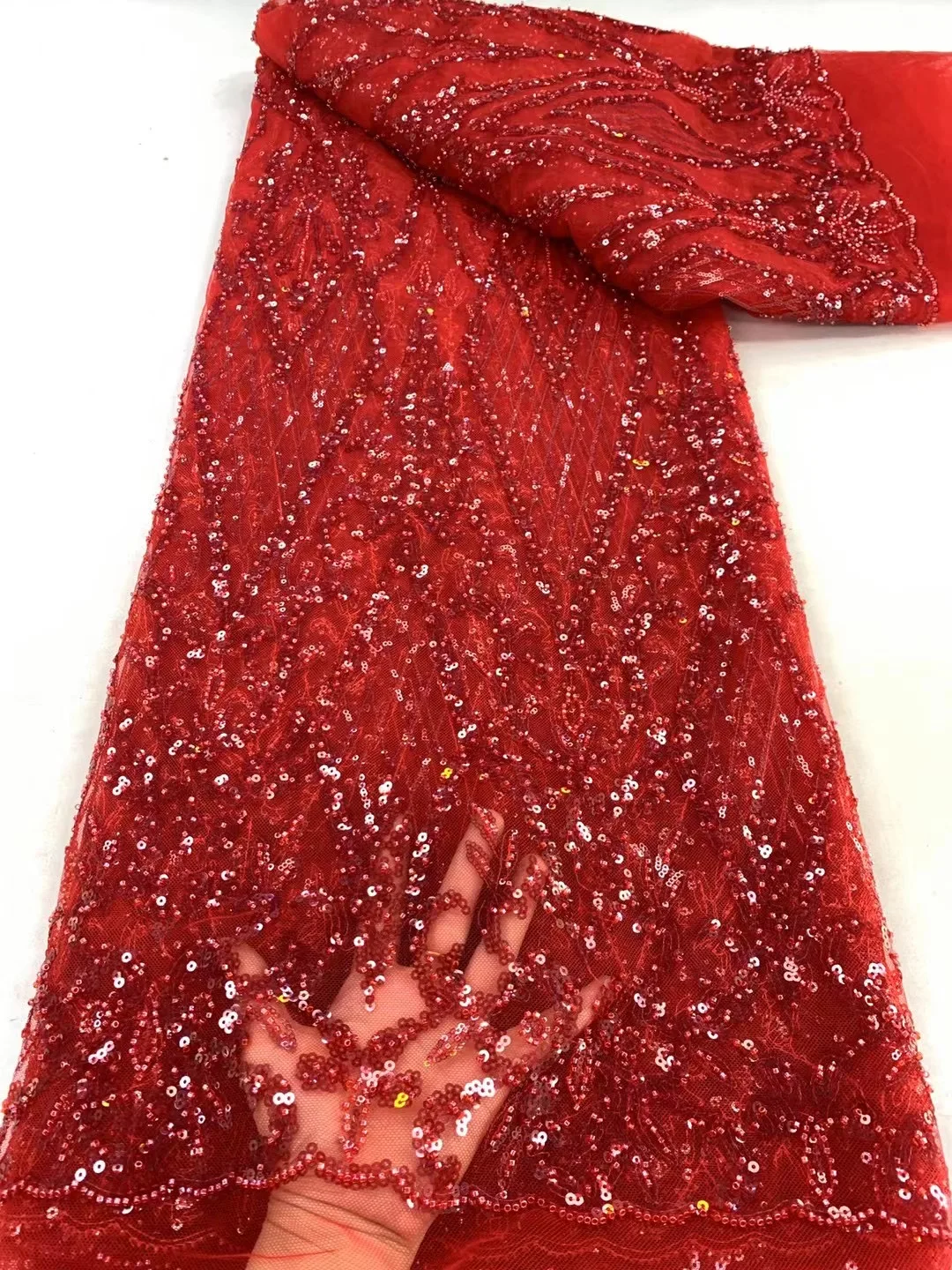 Rose Red African Sequins Tulle Lace Fabric 2024 High Quality Lace French Gorgeous Beaded Lace Fabric Nigeria For Women Wedding