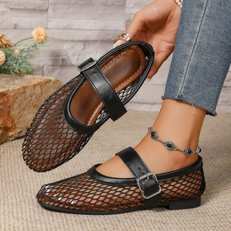 Sandalias de mujer de malla transpirables, sandalias versátiles de moda para mujer, zapatos planos Mary Jane de suela suave para mujer Sandalias De Mujer_voghion.com