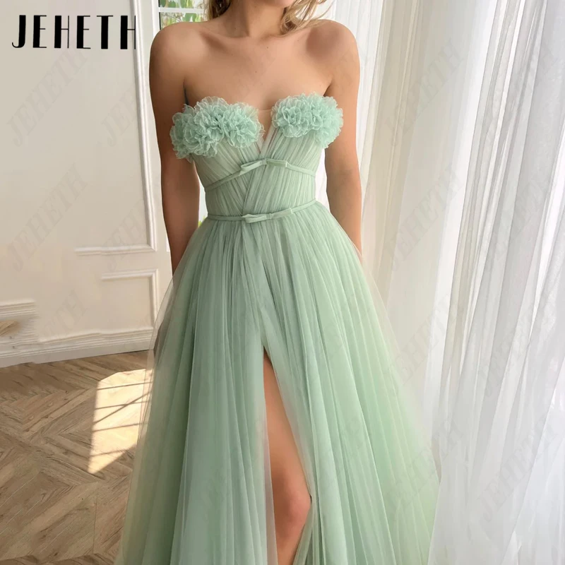 JEHETH yeşil askısız yay balo elbise tül 3D çiçek prenses akşam önlük yüksek bölünmüş parti Backless A-Line Vestidos De dresses Green Strapless Bow