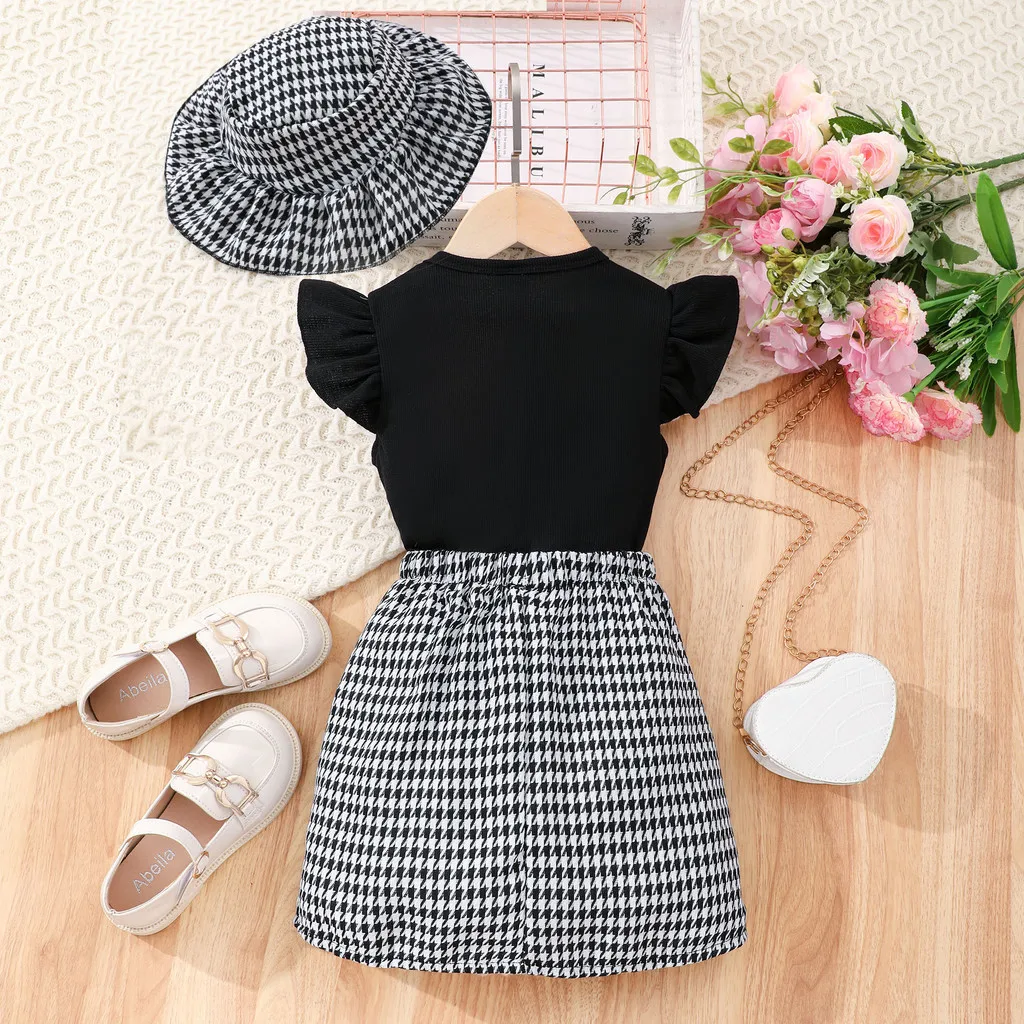 Fashion Houndstooth Set Kids Gril Clothes Short Sleeve Top+Skirt+Hat 3 4 5 6 7 Years Old Casual Cute French Girls Plaid Set