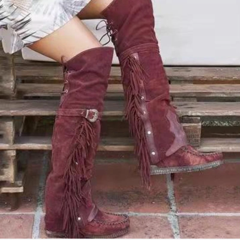 Fashion Bohemia Knee-length Women Boots Ethnic Personality High Boot Tassels Faux Suede Boots Girl Flat Bottom Long Botas Mujer