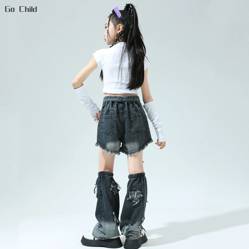 Girls Hip Hop Crop Top Oversleeve Ripped Street Dance Shorts Child Sweet T-shirts Streetwear Jeans Clothes Set Kids Jazz Costume