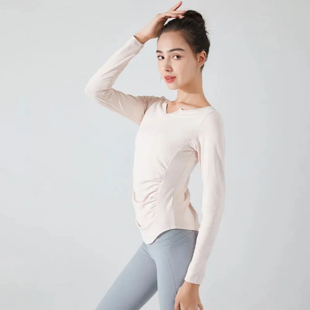 Stown Sportswear Bodybuilding Long Sleeve T Shirt Gym Fitness Women Clothing with Thumb Hole Pleated Slimming Pilates Yoga Top