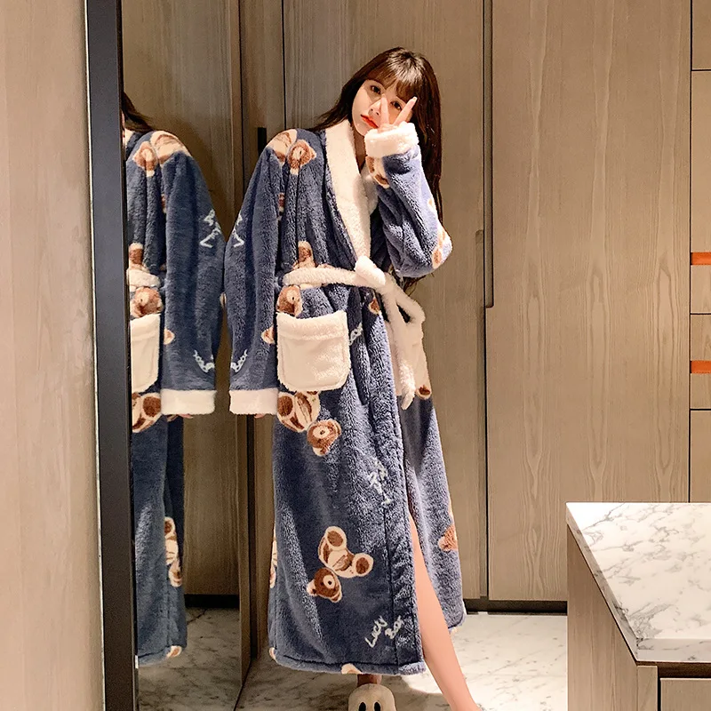 

Autumn Winter Bathrobe Woman Long Style Homewear Pajamas New Minimalist Sleepwear Flannel Nightwear Coral Fleece Keep Warm Robe