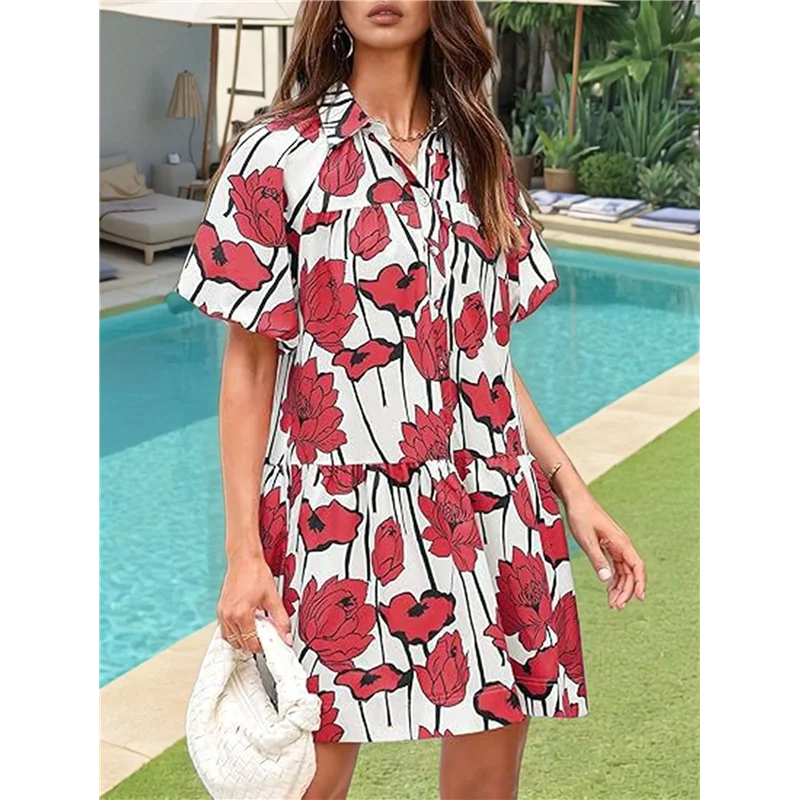 ABP-Vestito camicia abbottonato estivo da donna Mini abiti da spiaggia casual a maniche corte con sbuffo floreale e vestibilità ampia