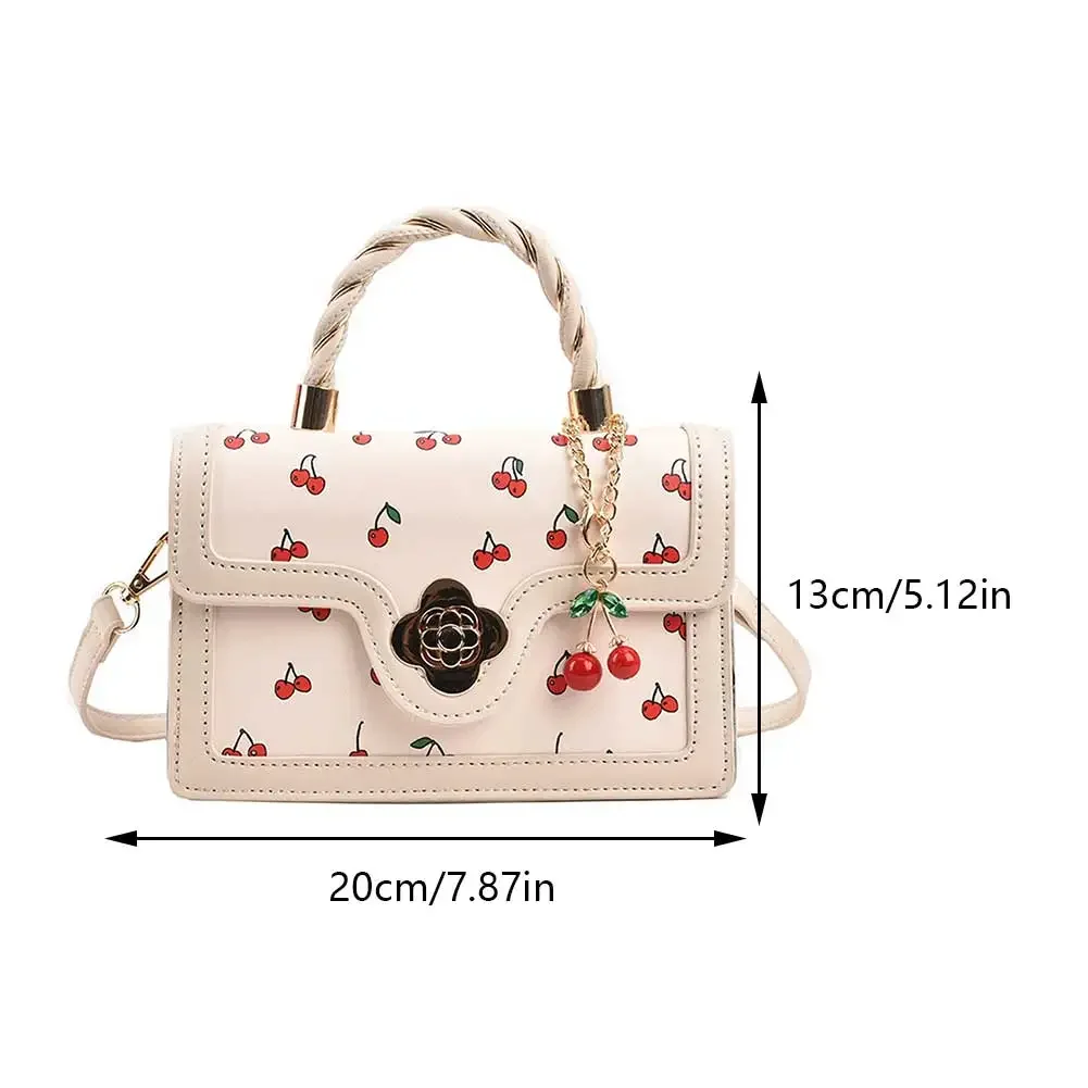 2024 Newest Cherry Pattern Small Square Bags PU Leather Fashion Crossbody Bag Luxury Brand Women\'s Handbag Sweet Top-Handle Bags