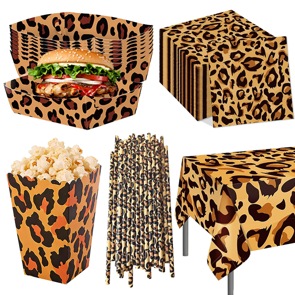 Vajilla Desechable con Estampado de Leopardo, Bandeja de Papel para Alimentos, Caja para Palomitas, Servilletas, Pajitas, Mantel, Cubierta de Mesa, Decoración para Fiesta de Cumpleaños