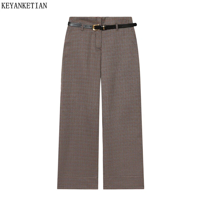 

KEYANKETIAN 2026, весенние новые женские прямые брюки с узором «гусиные лапки», свободные брюки в стиле ретро с застежкой-молнией на поясе и высокой талией