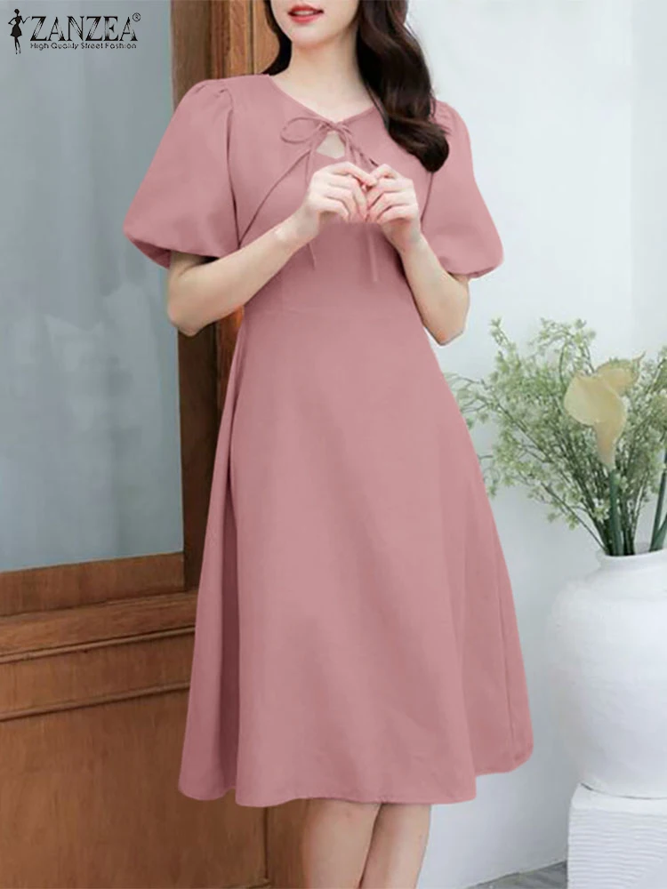 

Korean Fashion Summer Dress ZANZEA Women Elegant Short Puff Sleeve Party Work Sundress Solid A Line Midi Vestido Robe Femme 2025