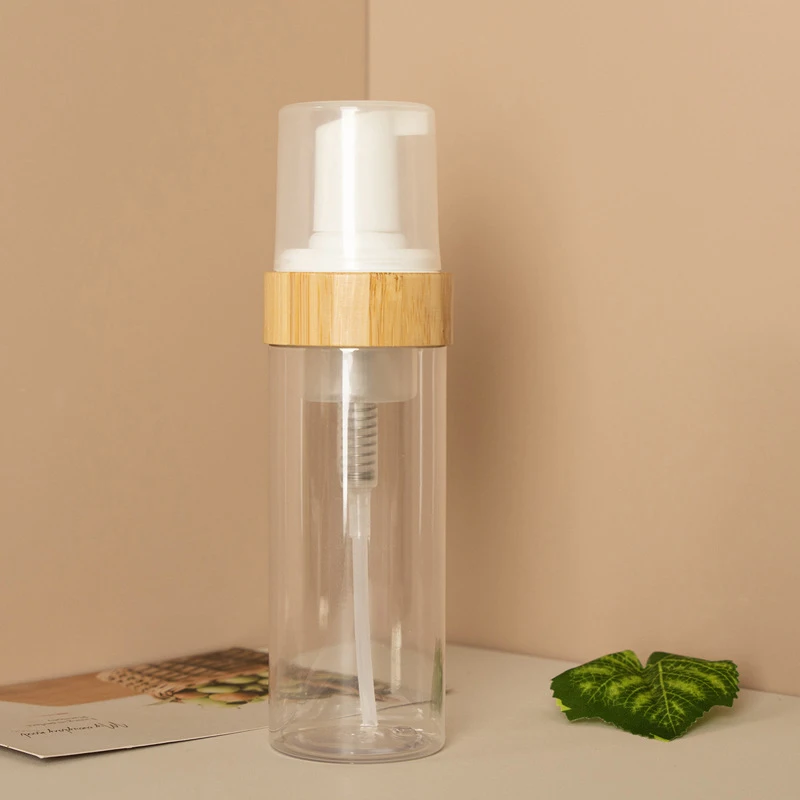 Botella con bomba de espuma de bambú de tamaño de viaje, 150ml, para limpiador facial, champú, jabón, desinfectante de manos, dispensador cosmético recargable