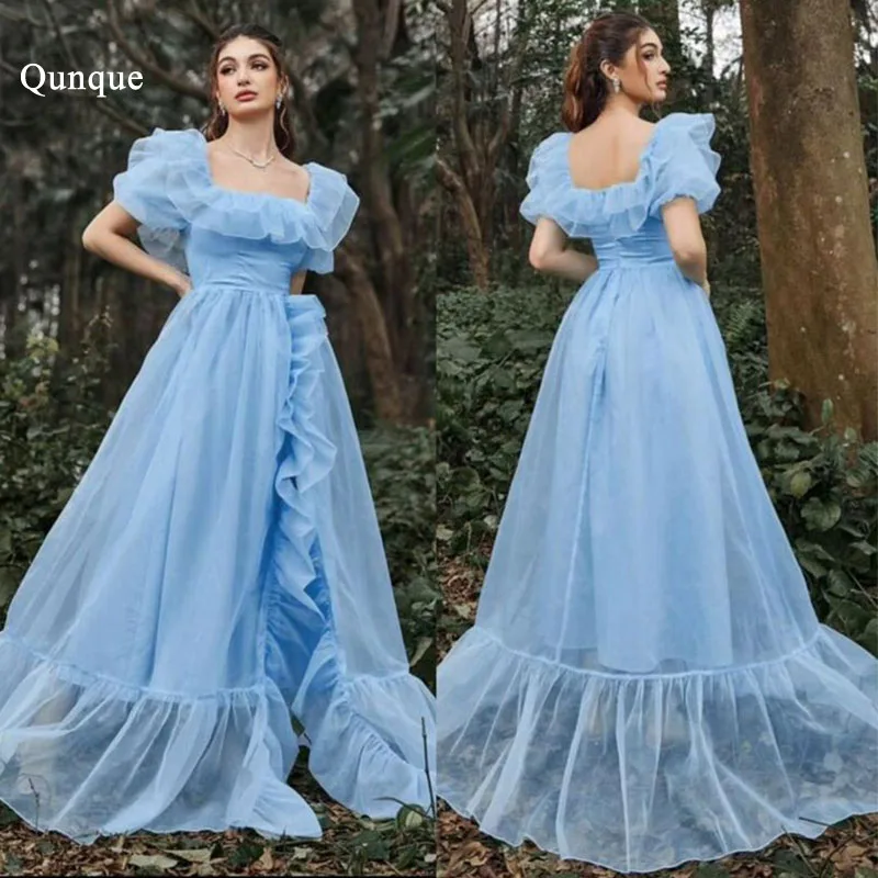 

Qunque Sky Blue Ruched Ruffles Tulle Prom Dresses Cap Sleeves Square Neck Side Split Saudi Arabic Customized Party Evening Gowns