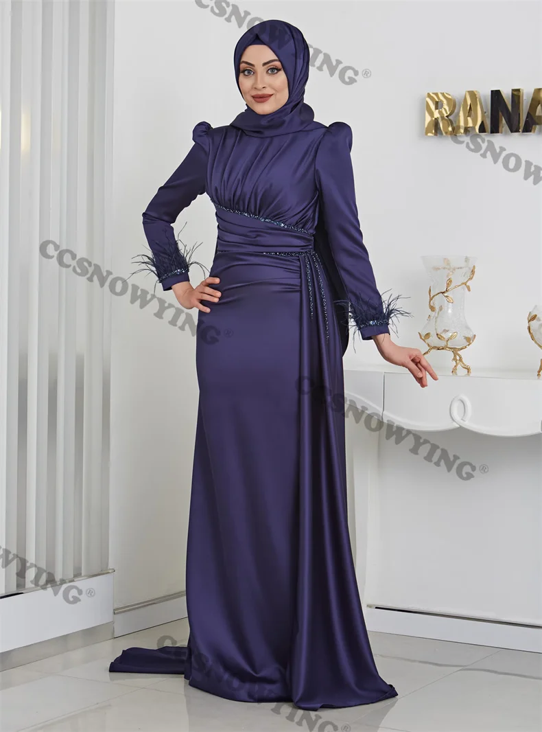 

Navy Blue Satin Beaded Feather Muslim Evening Dresses Long Sleeve Islamic Formal Party Gown Women Arabic Dubai Robe De Soiree