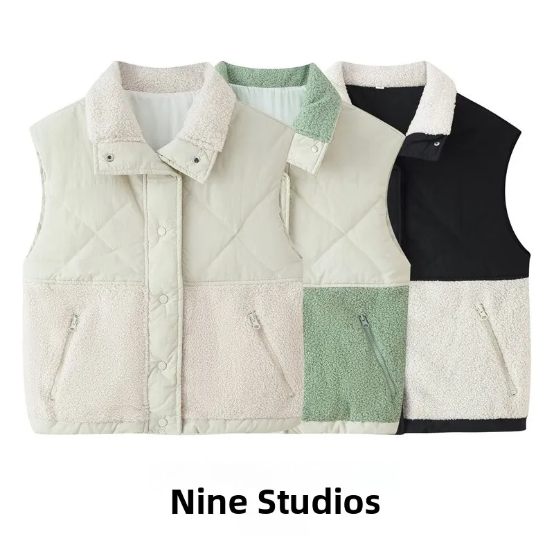 NINE ZAR Women's Casual Lamb Fur Patchwork Vest Sleeveless Collar Collision Color Block Outerwear Regular Length Single Button