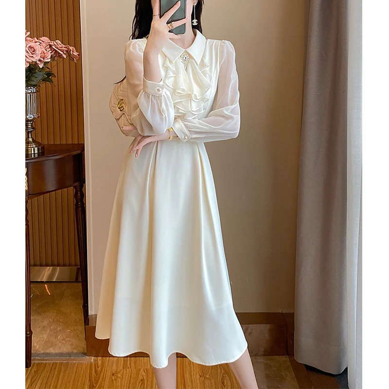 Vestido vintage de babados feminino, elegante vestido Midi, vestidos de festa, branco, cintura alta, fino, comutador, moda, outono, 2023