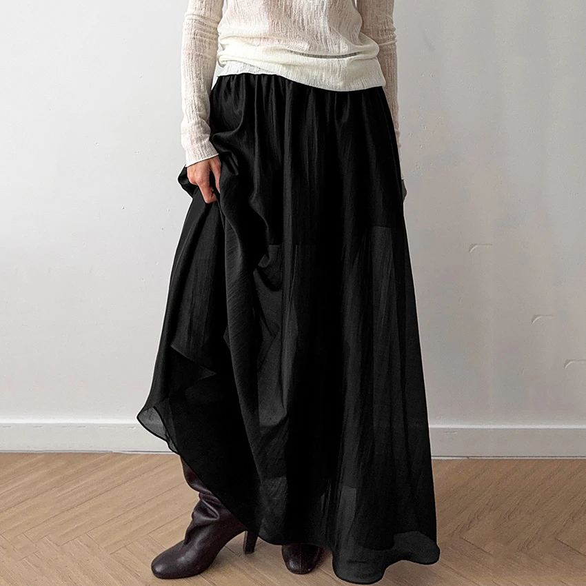 

Элегантная черная длинная юбка Linad с высокой талией из сетки, женская, 2026, уличный шик, свободная юбка А-силуэта, повседневная коричневая полупрозрачная юбка, женская, весна