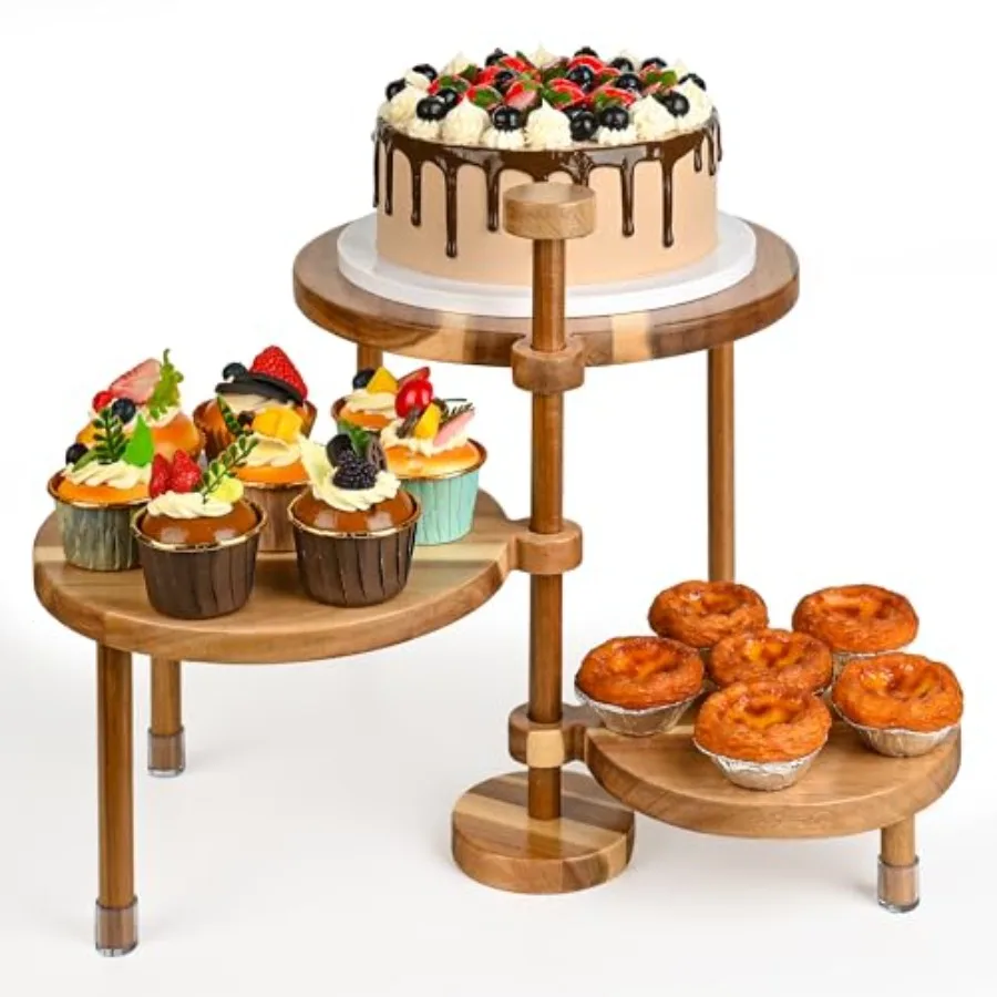 

3 Tier Round Cupcake Stand 360° Rotatable Acacia Wood Cake Stand Cupcake Tower Rustic Wooden Tiered Dessert Table Display Set T