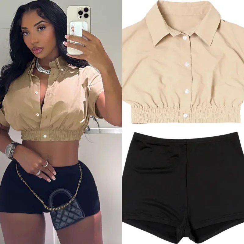 

Women's 2 Piece Summer Set Short Sleeve Button Crop Top And Tight High Waist Shorts Casual Sporty Tracksuit Streetwear Outfit