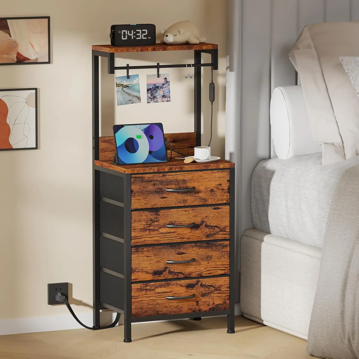 Night Stand Set 2, 38" Tall Bedside Table with Charging Station | RGB LED Lights, Storage Wood Shelves & 4 Fabric, Customized