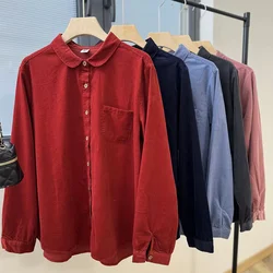 Women Red Navy Blue Pink Corduroy Shirts Blouses Autumn Winter Turn-down Collar Base Blouses Long Sleeve Button Up Tops