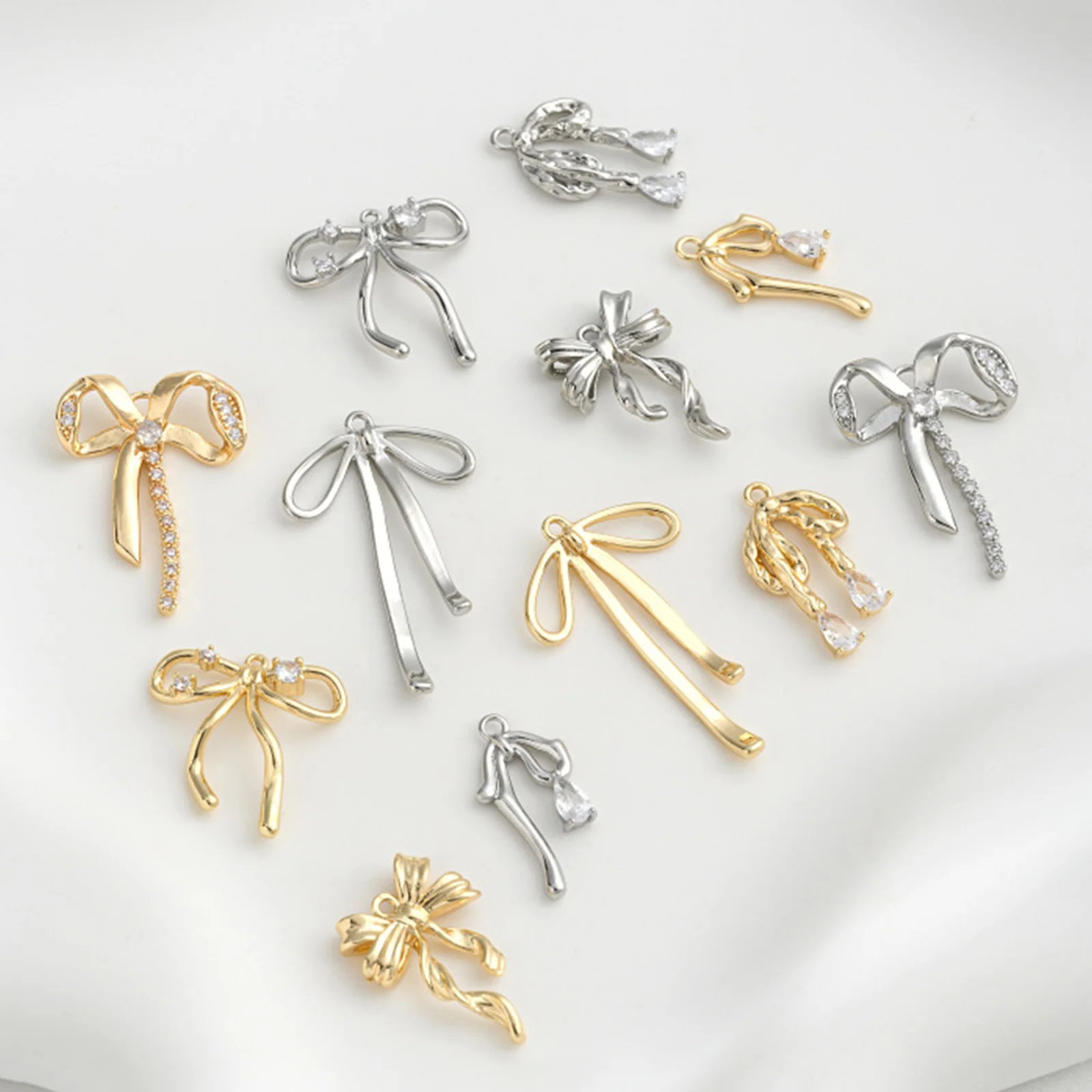 1 Piece Brass Charms Bowknot Hollow Clear Cubic Zirconia Golden Silver Color Metal Pendants DIY Earrings Necklace Jewelry Making
