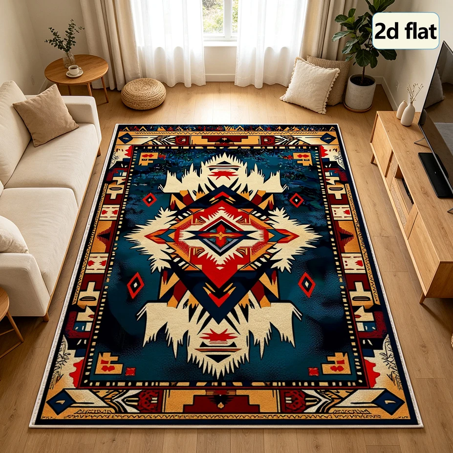 Southwestern Ethnic Style Carpet Flooring, Bohemian Geometric Area Rug Non‑Slip Floor Mat for Living Room Home Decoration