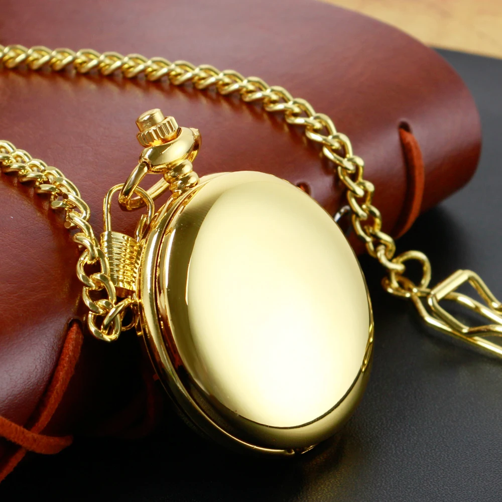 Gold Smooth Simple Digital Display Quartz Pocket Watch Vintage Exquisite Chain Bracelet Necklace Men's and Women's Gift