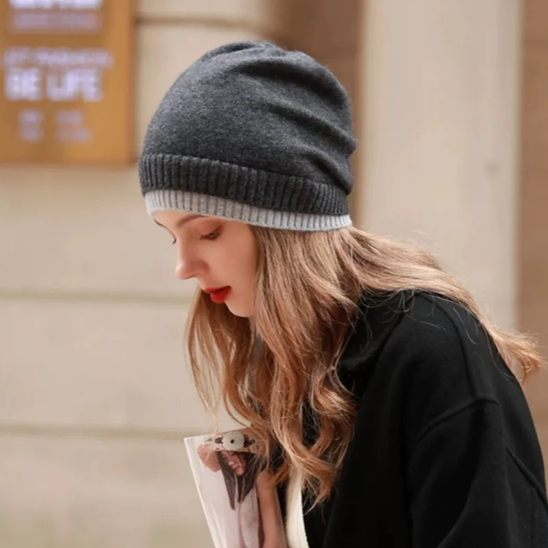 

Women's 100% Wool Knitted Hat Winter Warm Windproof Fake Double Layer Korean Japanese Style Color Block Fashionable