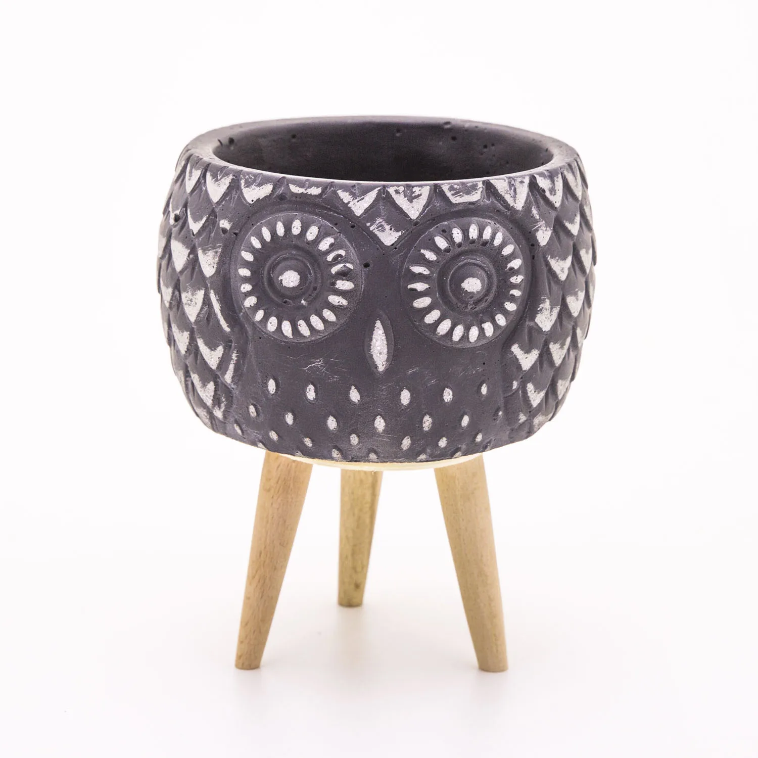 Black concrete flower pot with owl pattern black concrete flower pot 13x17,5 Cm