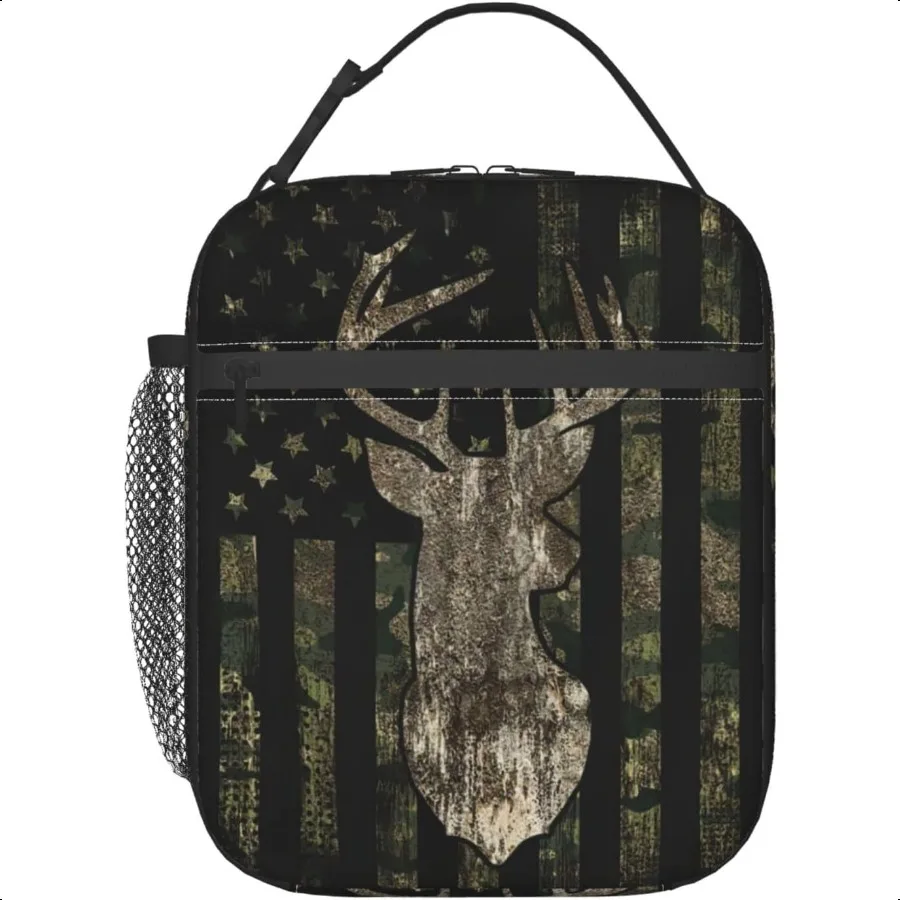 

Deer camouflage american flagReusable Lunch Box Insulation Lunch Bag Containers Tote Handbag Ice Packs For Women Men Teens Gir