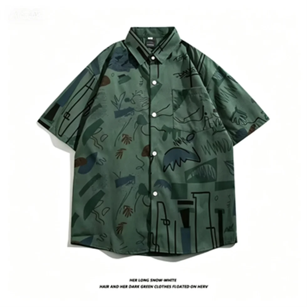 Trendy brand irregular hand-painted graffiti 3Dprinted short-sleeved shirt unisex retro distressed green lightweight beach shirt