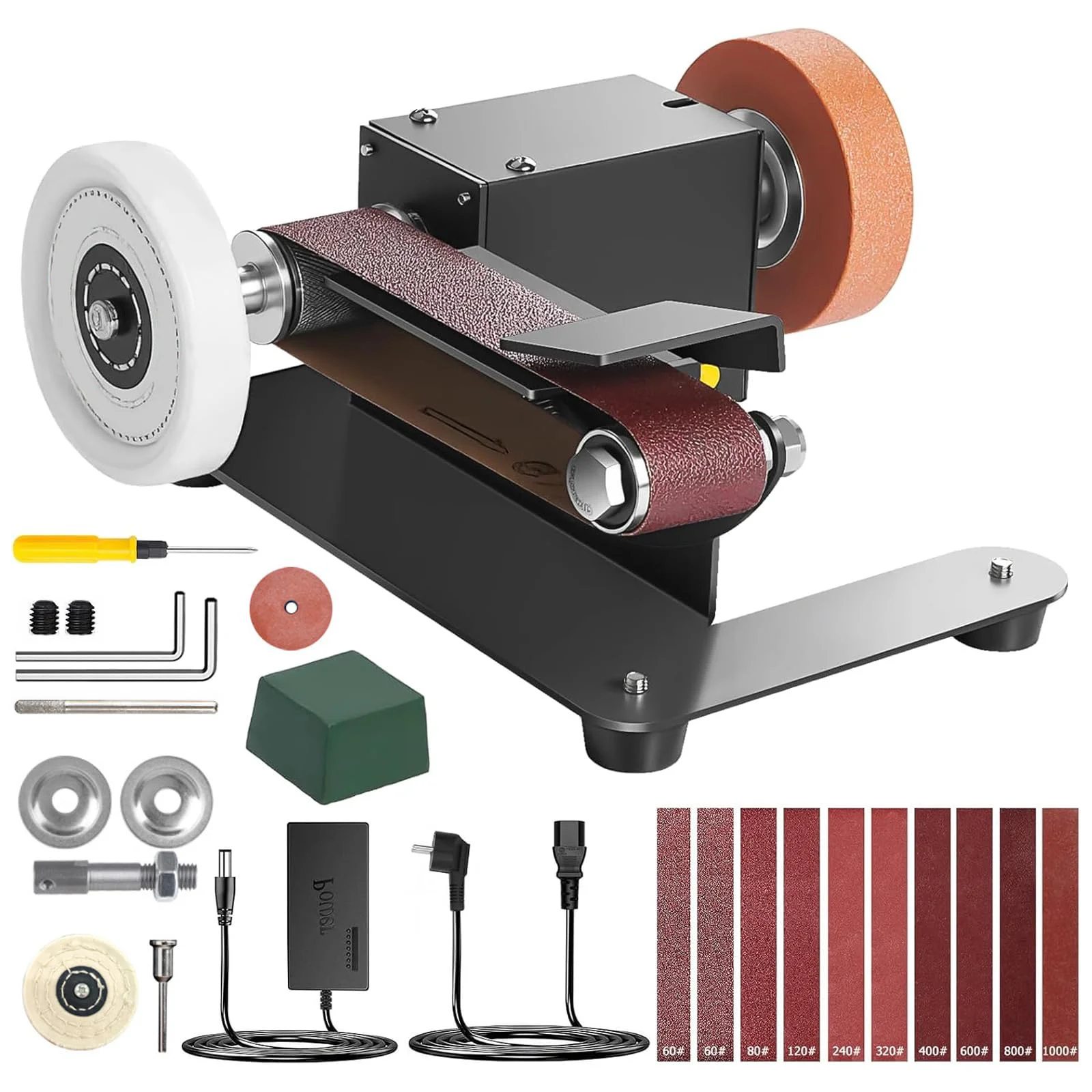 800W Mini-Tischbandschleifer, 7-stufig einstellbarer Polierer mit Vorwärts- und Rückwärtsfunktion, komplettes Zubehör, DIY-Schleifmaschine für Holz-, Metall- und Acrylbearbeitung.